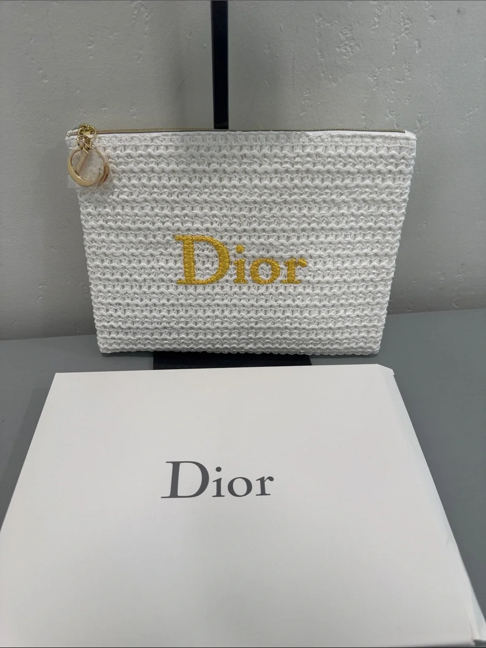 Dior VIP White Woven Cosmetic Pouch with Gold Embroidered Logo
